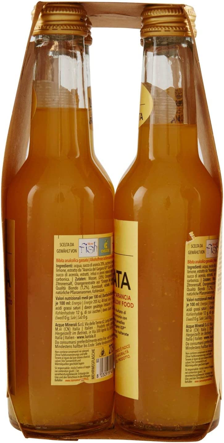 Lurisia Aranciata - 24 botellas de vidrio de 275 ml para bebidas no alcohólicas, hechas con zumo de naranja italiano y extracto de naranja de Puglia, sabor dulce