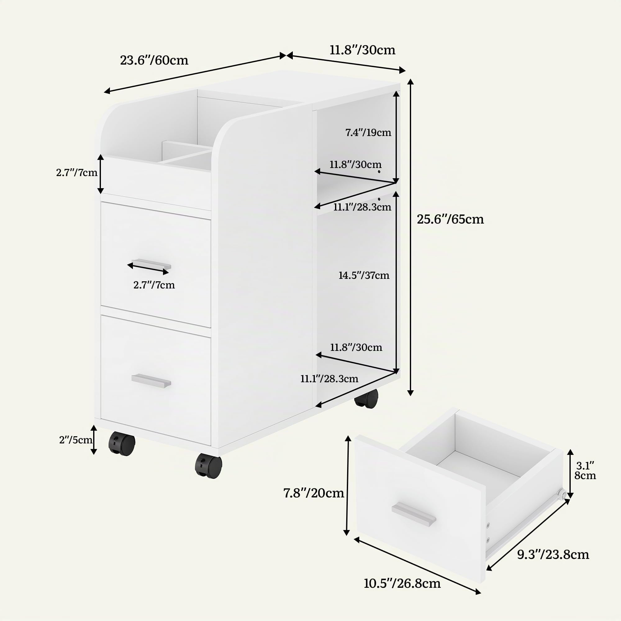 YITAHOME Rollcontainer mit 2 Schubladen, Aktenschrank mit verstellbarem Regal und Ablagefächern, Multifunktionaler Büroschrank Beistelltisch für Wohnzimmer, Schlafzimmer, Büro, Weiß