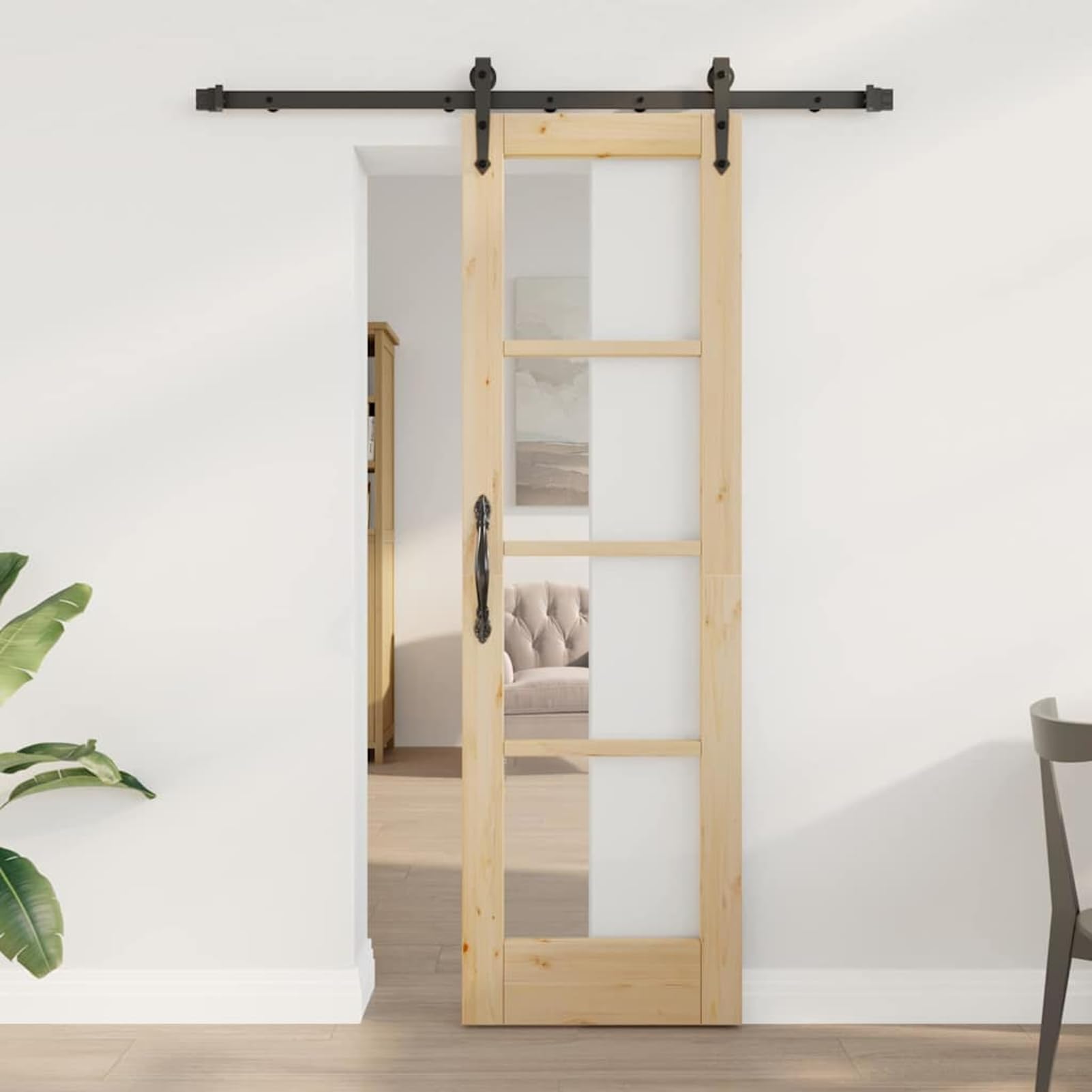 Drzwi przesuwne ORKDAL naturalne z litego drewna sosnowego i szkła, 152,5 x 4 x 198,5 cm, w zestawie szyna i osprzęt – do przedpokoju i wnętrz
