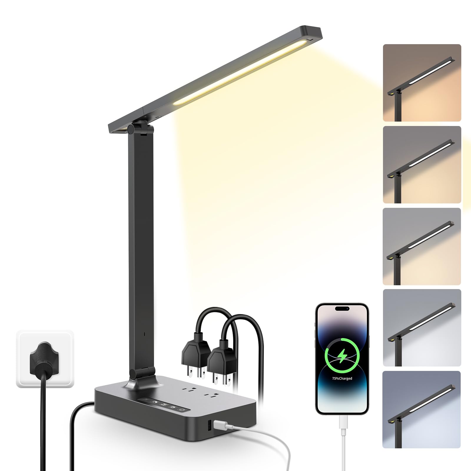 Power Strip with LED Desk Lamp, 2 Outlets 1 USB-A Ports 1 Type-C Ports, Small Desk Lamp for Home Office with Surge Protection, 5ft Extension Cord, 5