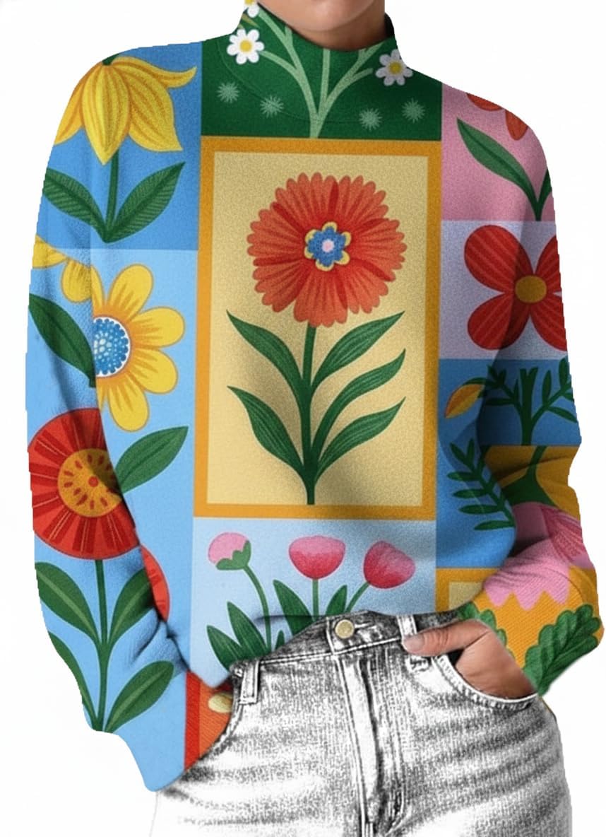 Vafect Women's Turtleneck Colorful Patterns Print Sweatshirt, Relaxed Fit Long Sleeve Casual Pullover Top for Daily Wear