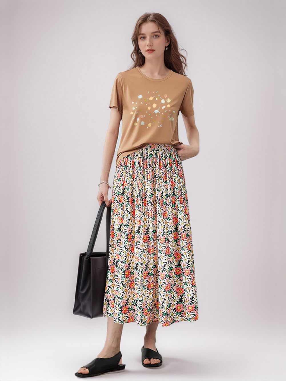 Basoteeuo Womens Skirt Leopard Print Midi Long Shirring Pleated Skirts High Waisted A Line Skirts - Image 2