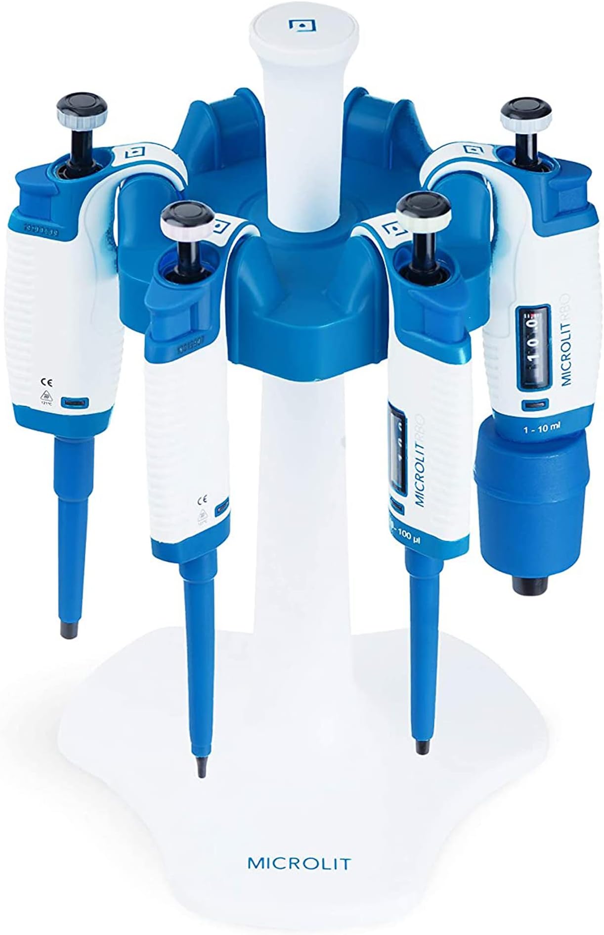 Microlit Micropipette Complete Starter Kit Set 0.5-10ul, 10-100ul, 100-1000ul, 1-10ml Single Channel with Tips Box/Packet and Pipette Carousel Stand by Microlit