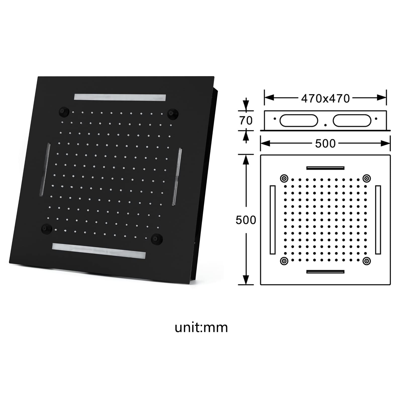 Cabezal de Ducha Cuadrado LED, 500mm 3 Funciones Alcachofa de Ducha Acero Inoxidable Empotrable Rociador Ducha 64 Colores Cabezal de Ducha Lluvia, Alcachofas Fijas para Ducha,Negro