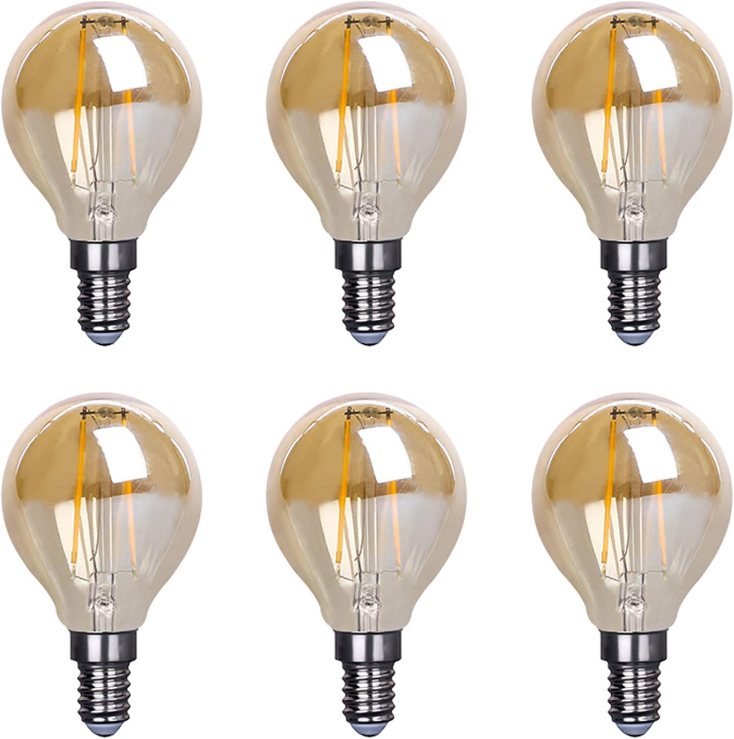 E14 2W Dimmable G45 LED Globe Filament Bulb Edison Filament Light Bulbs 20 Watt Equivalent Warm White 2700K E14 European Base Amber Glass Round Decorative Vintage Light Bulb, 6 Pack