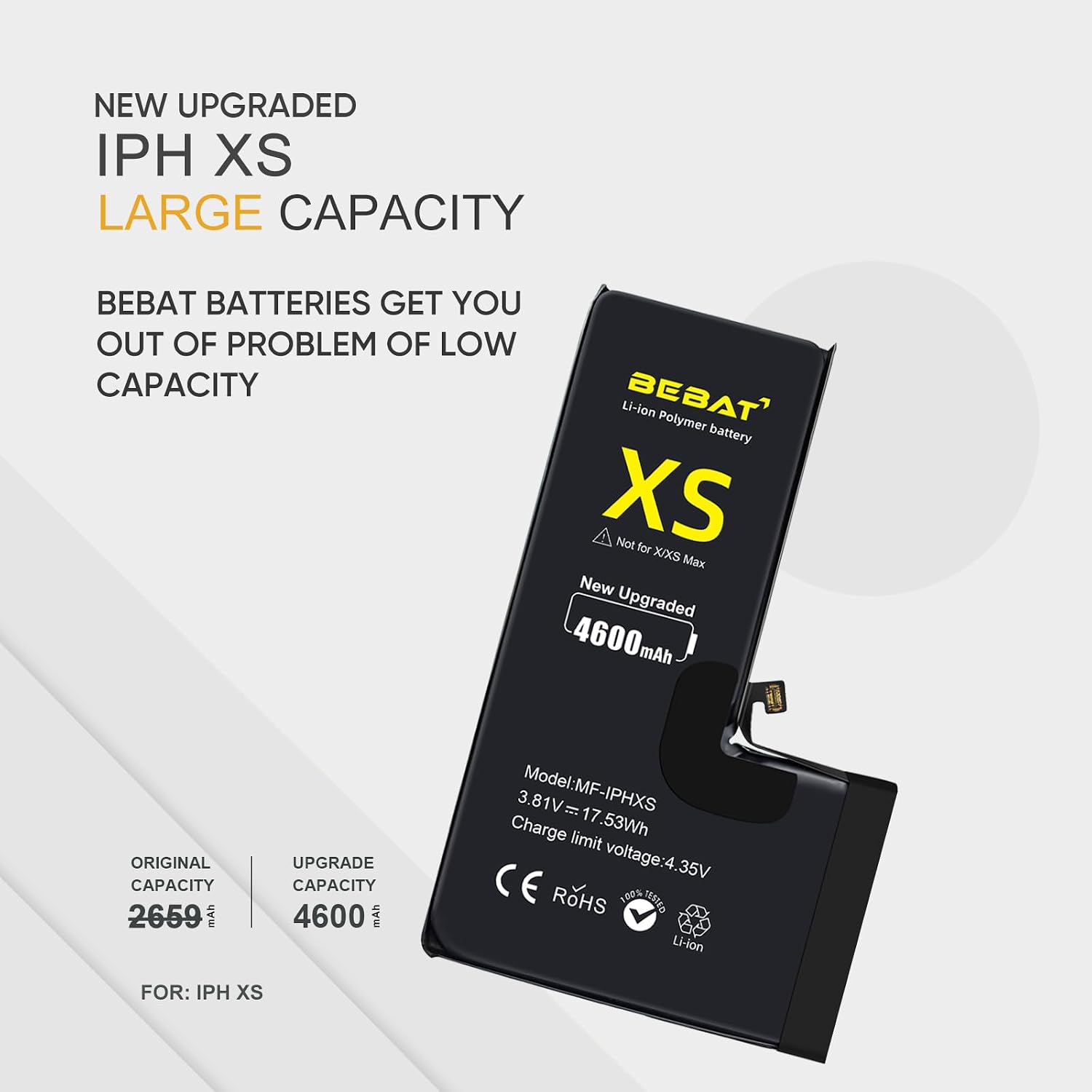 Replacement for iPhone Xs Battery, 4600mAh High Capacity Li-ion Polymer Replacement Battery for Model A1920, A2097, A2098, A2100 with Professional Repair Tool Kits