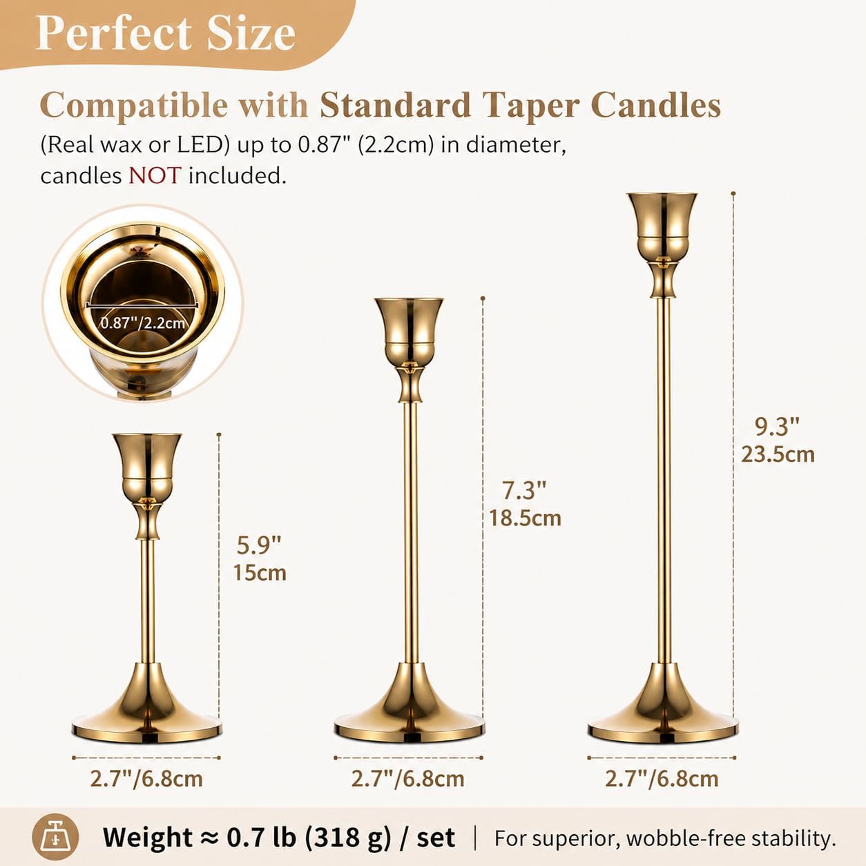 12 Piece Brass Gold Taper Candle Holder Set, Vintage Candlestick Holders with Multiple Heights, Elegant Table Centerpiece Decor for Dining Table, Wedding, Home Decoration
