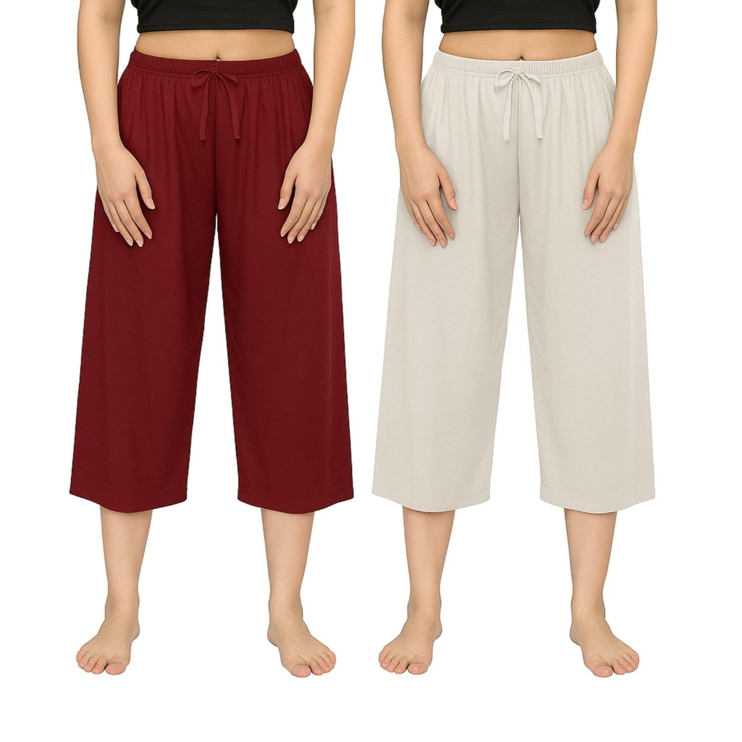 Women's Plain Loosefit Capri, 3/4th Capri Trousers For Girls Grey, Marrone (Pack Of 2)-image-21
