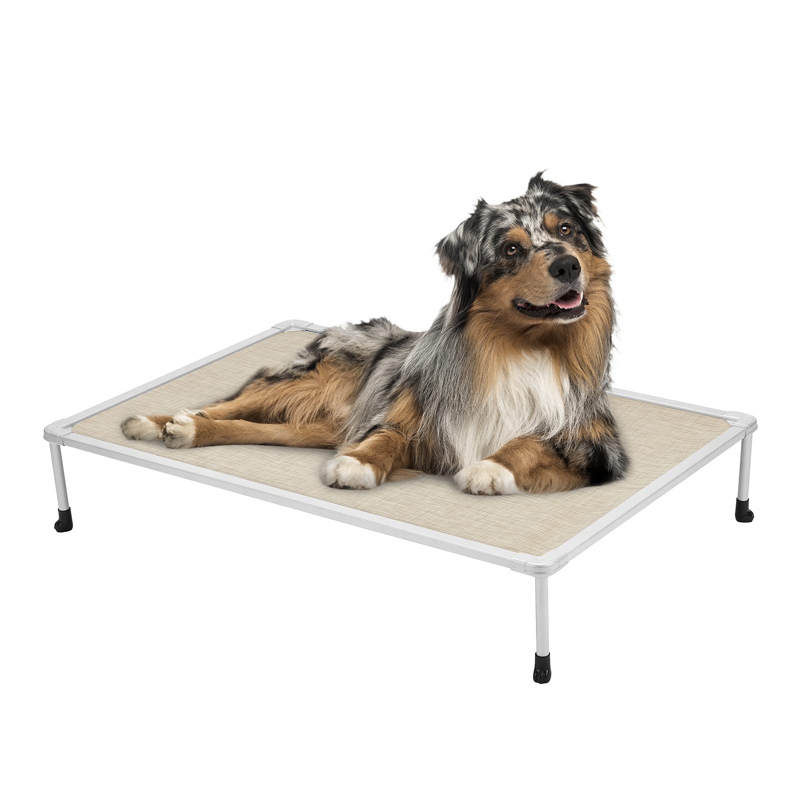 Veehoo Medium Elevated Dog Bed â€“ Chewproof Cooling Raised Dog Cots Beds, Outdoor Metal Frame Pet Training Platform with Skid-Resistant Feet, Breathable Textilene Mesh, 32 x 25 x 7 inch, Beige Coffee