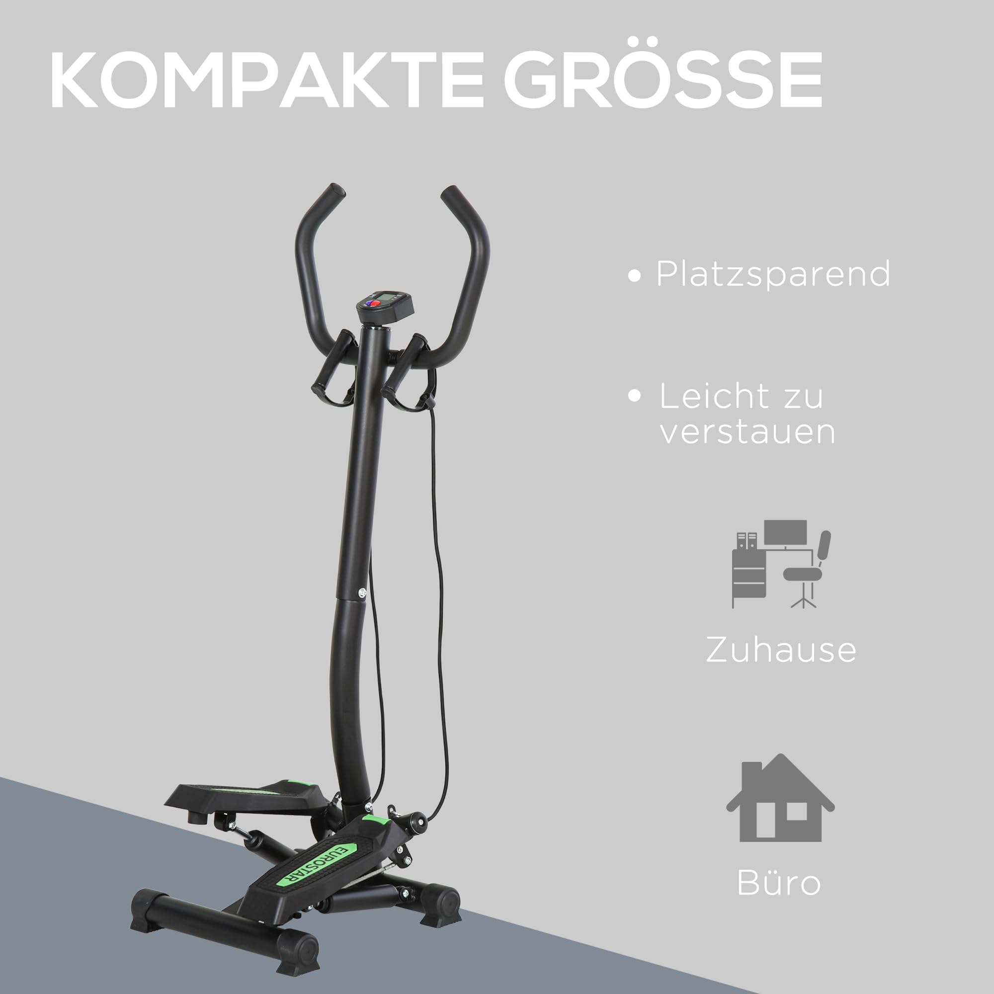 HOMCOM Stepper Sidestepper mit Haltegriff Heimtrainer LCD Display Trainingsbänder Stahl Grün+Schwarz