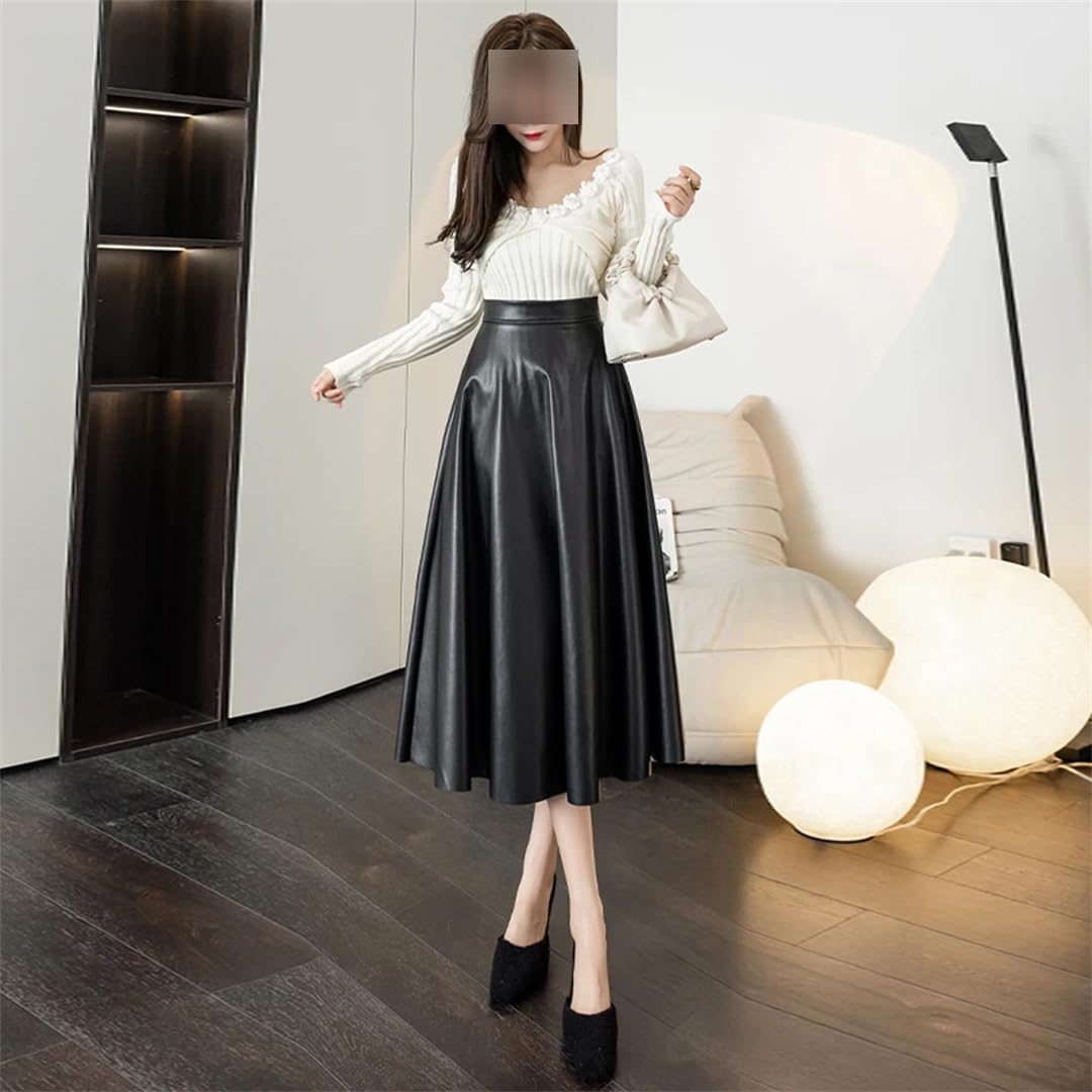 Faldas de piel sintética de cintura alta para mujer, estilo vintage, sencillez, casual, plisadas, sueltas, acampanadas, largas