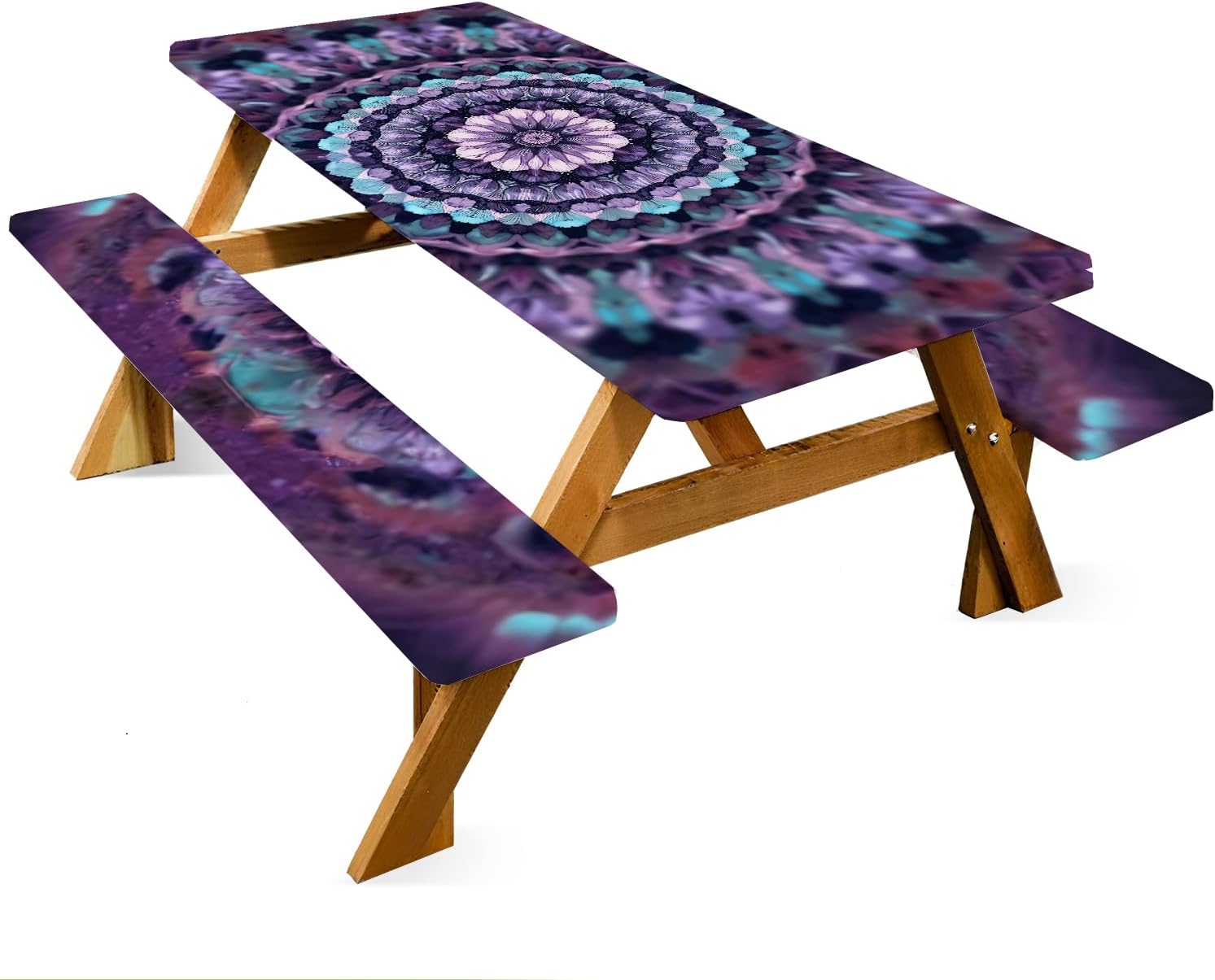 ANNA QUEEN Mandala Picnic Table Cover Set, 6FT Boho Purple Waterproof Tablecloth & Bench Covers 3PCS 72"x30" for Camping Garden Patio Festivals Retreats