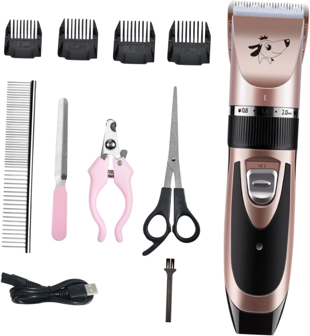 1Set Pet Hair Clipper Kit Portable Dog Cat Grooming Tool with Removable Cutter Heads Low Noise Electric Trimmer for Easy Pet Hair Cutting Rose Gold Color