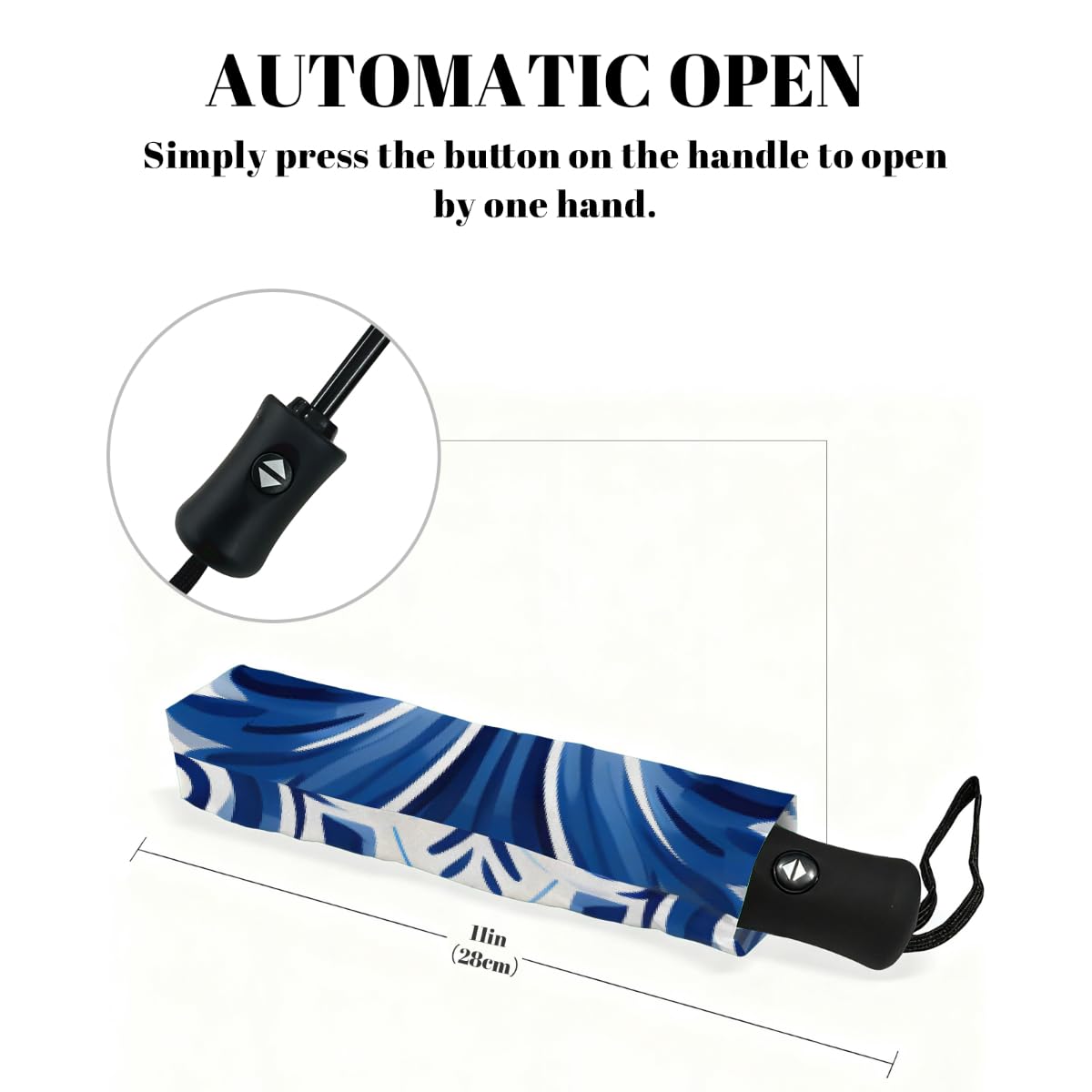 Ombrello pieghevole da viaggio con motivo floreale blu e bianco in ceramica, compatto, antivento, impermeabile con protezione UV, rivestimento nero, leggero, 8 costine, portatile, per pioggia