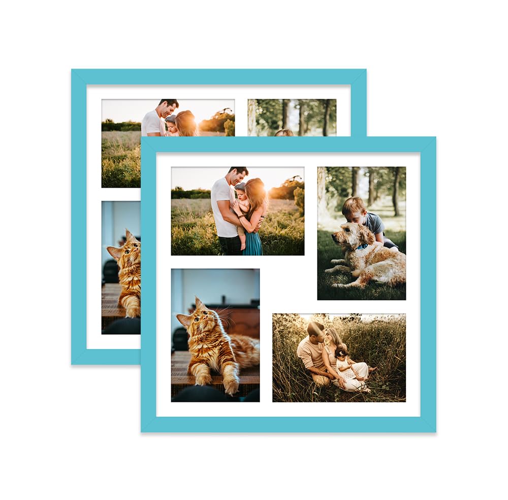 Turquoise Multi Photo Frame - Holds 4 x 6x4 Pictures, Family Collage Picture Frame for Wall Display, 12x12 Frame size, Set of 2
