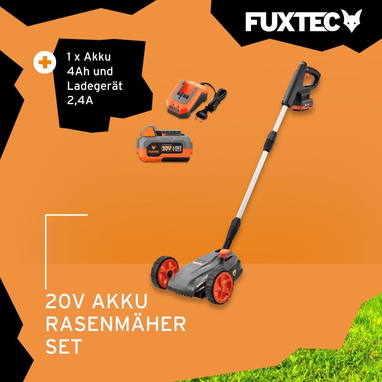 FUXTEC Akku Einhand-Rasenmäher FX-E1RMEH20-SET, kompakter Gartenmäher mit 220mm Schnittbreite, 20V Akku und Ladegerät, 300W, 3-fache Schnitthöheneinstellung 30–50mm, Flexible Kugelkopfsteuerung