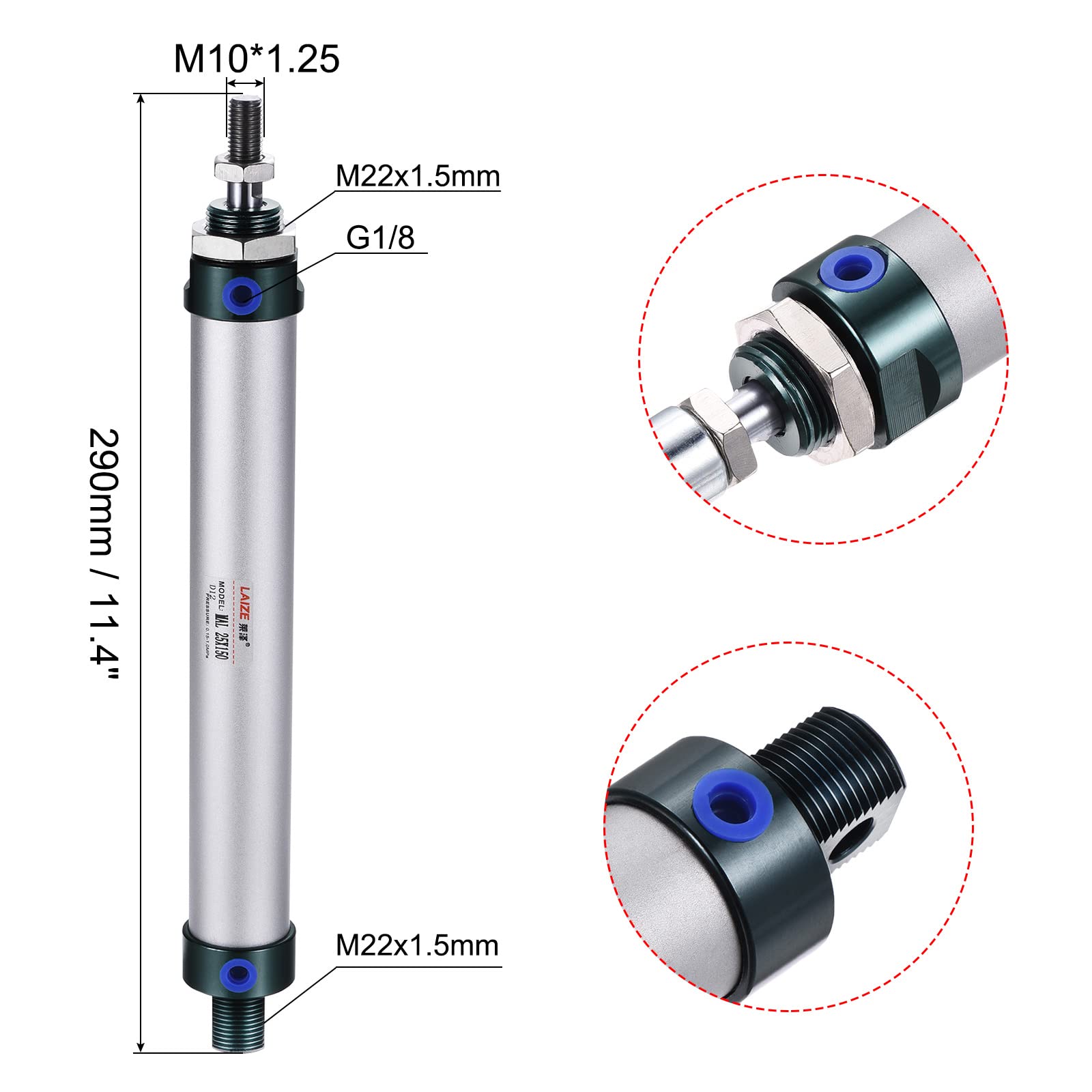 MECCANIXITY Cilindro neumático de aire doble acción MAL25X150 25mm agujero 150mm carrera con conector Y y 4pcs conjunto de montaje rápido