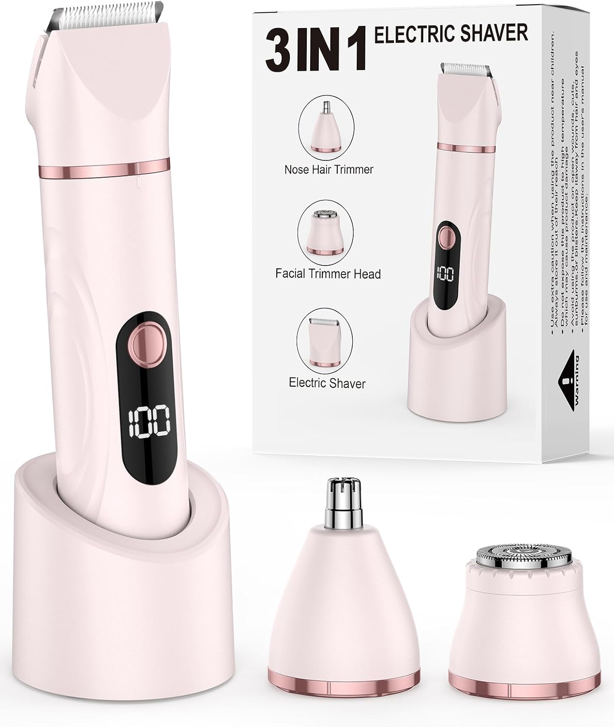 Bikini Trimmer for Women, Painless Lady Shavers with Facial Hair Removal and Nose Hair Trimmer for Leg, Nose,Body and Armpit (Rose Gold)