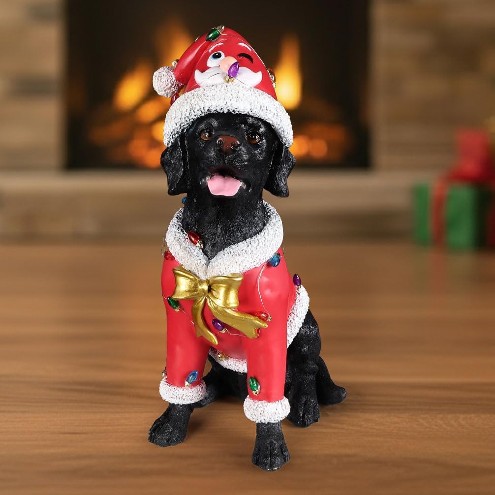 Outdoor Dog Statue Christmas Decorations - Brown Labrador with Red Santa Hat and LED Lights for Dog Lovers Home Indoor Outdoor Sculpture