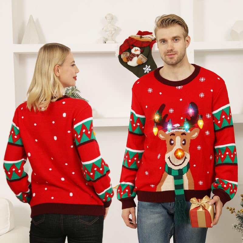 Kouric Maglione Natalizio Donna con Luci, Maglione Natale LED Divertente, Maglioni Natalizi Famiglia Coppia Luminoso Maglioncini di Natale Brutti, Ugly Christmas Sweater per Adulti/Bambina