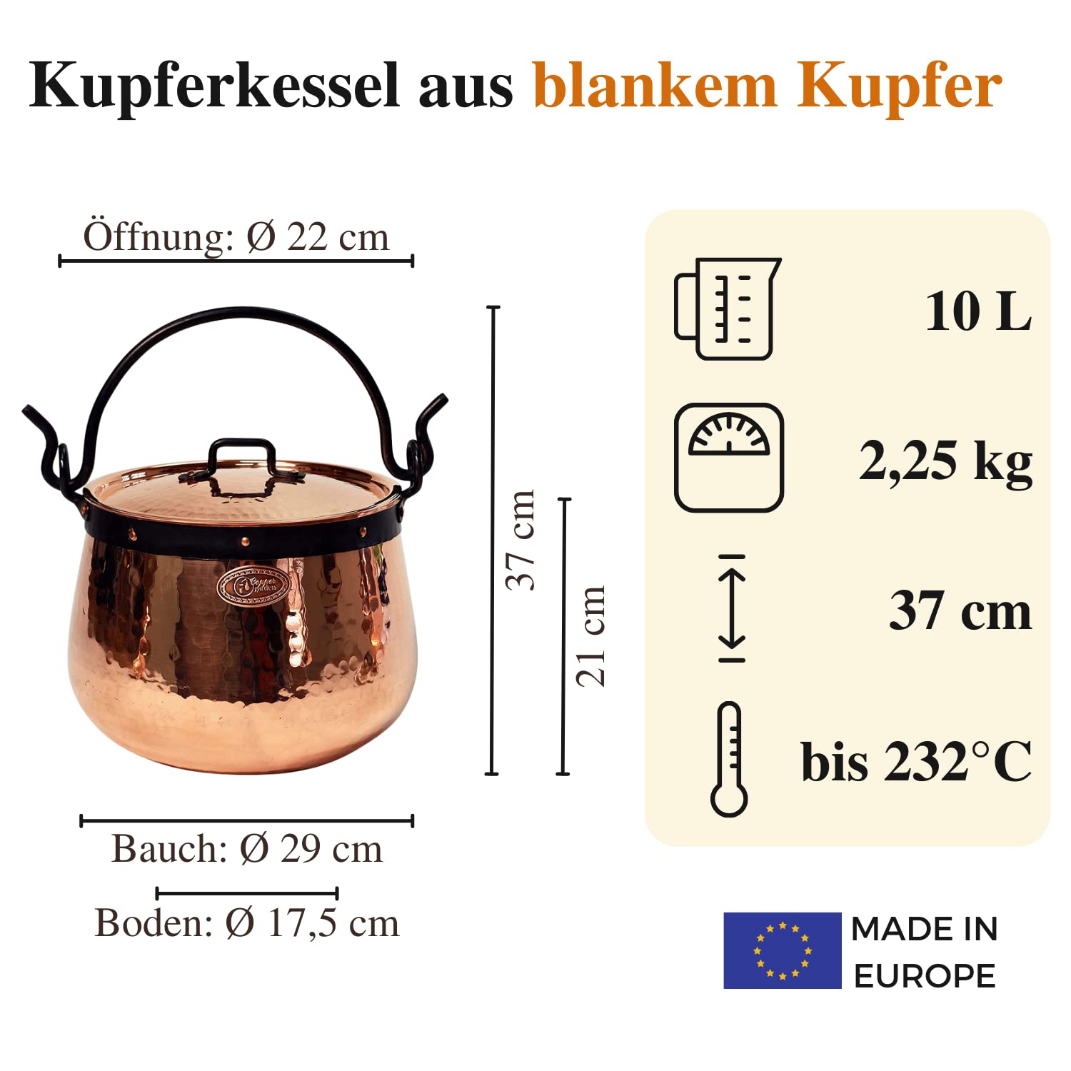 CopperGarden Kupferkessel 10 Liter I Hexenkessel mit Henkel & Deckel I Handgeschmiedeter Kessel aus blankem Kupfer I ideale Wärmeleitung I Feuerkessel zum Kochen I für Gas & Elektroherd geeignet