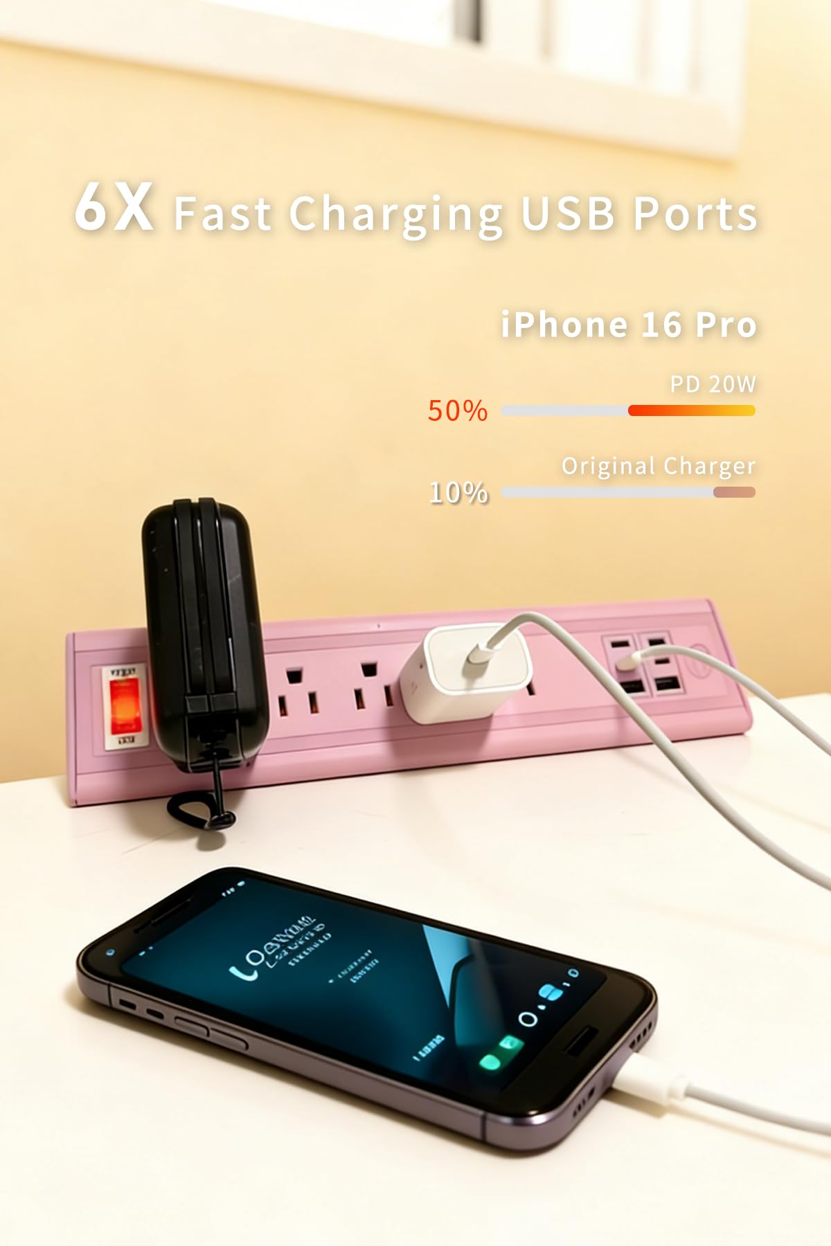 Multiprise à pince pour ordinateur avec veilleuse, charge rapide de 40 W, rallonge de 1,8 m, 4 ports USB-C de 20 W et 2 ports USB, 5 prises AC, s'adapte aux bords de