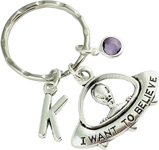 Personalised UFO Spaceship Keyring with initial charm and birthstone crystal keychain, Housewarming Gift