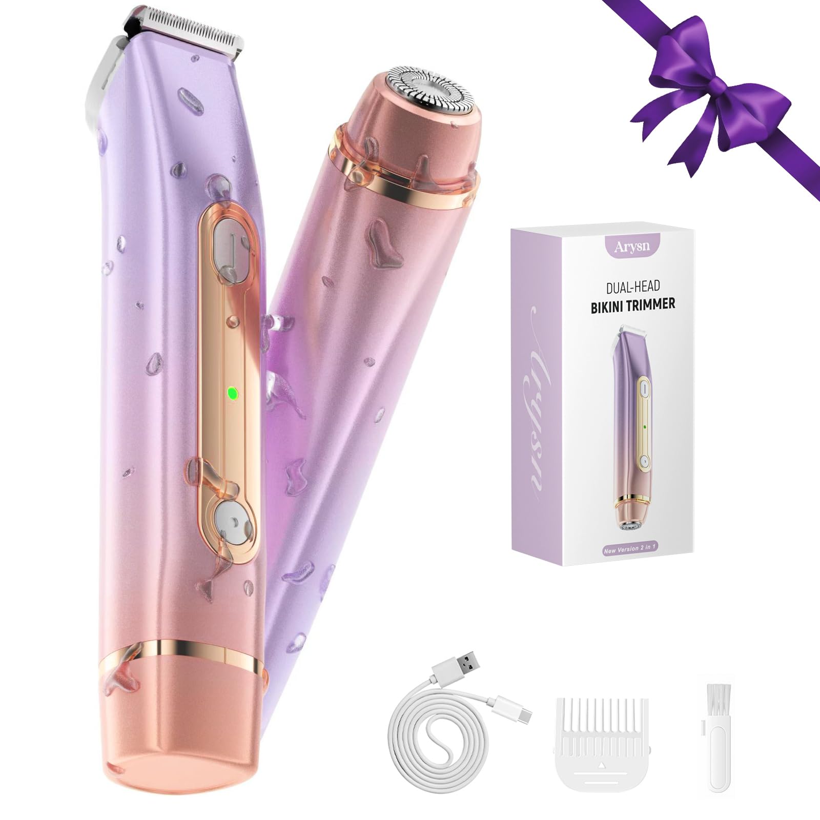 Bikini Trimmer for Women, 2 in 1 Dual Head Rechargeable Electric Shaver, Painless Pubic Hair Trimmer for Underarm Leg Arm Body Face– IPX7 Waterproof & Travel-Friendly, GoldPurple