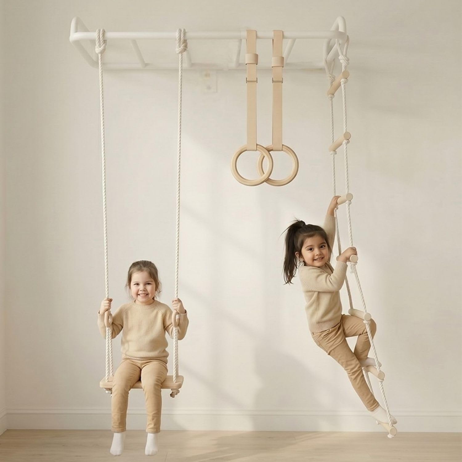 Curious Cub All-in-One Monkey Bars for Kids Indoor Wall Mounted | Kids Pull Up Bar for Home Gym with Swing, Gymnastic Rings & Climbing Ladder | Indoor Jungle Gym Equipment (4+ Years)-image-33