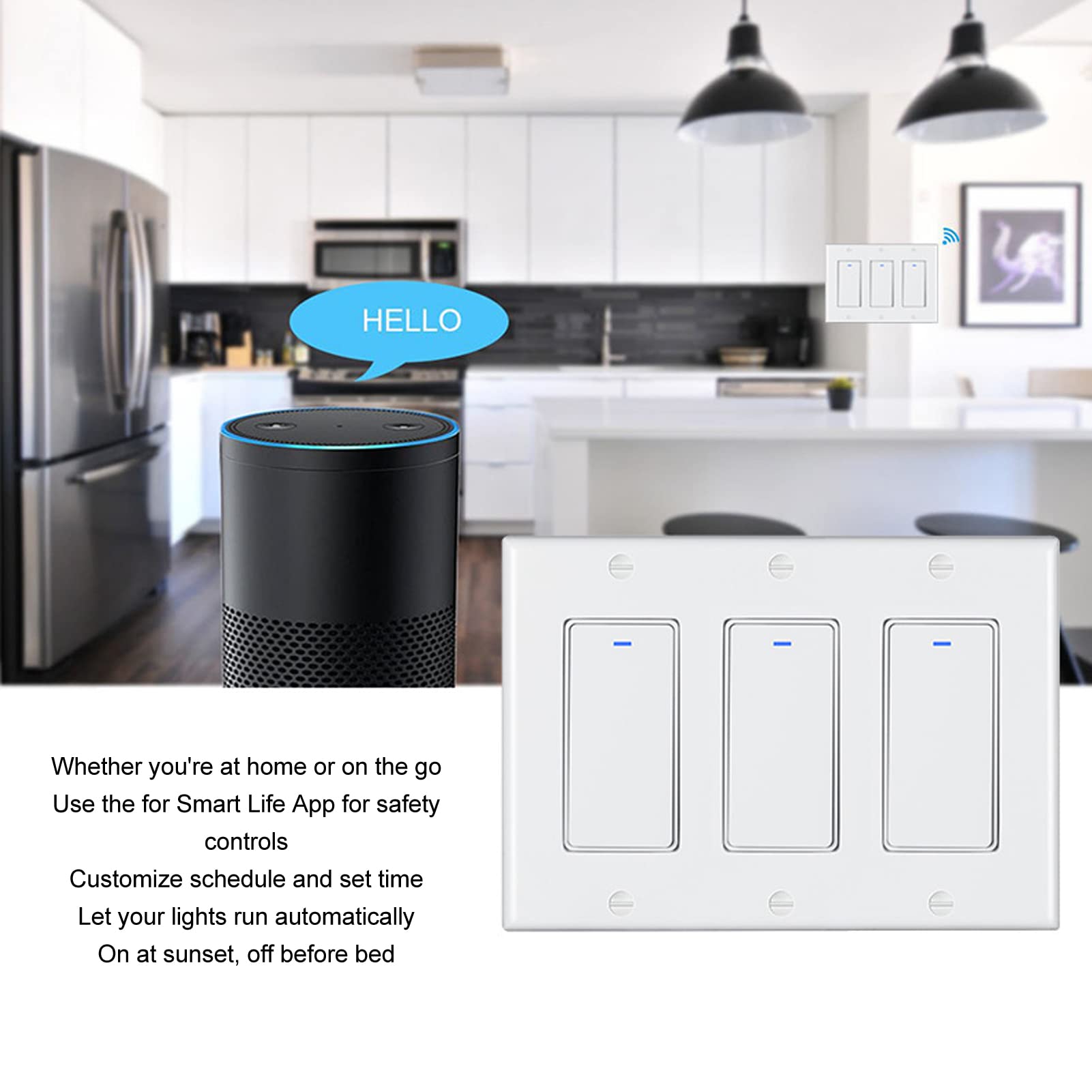 Cocoarm Interruptor de Pared WiFi Inteligente, Interruptor de Luz de Pared WiFi Táctil para PC AC100 a 240 V Unipolar 3 Bandas, Aplicación Remota Control de Temporizador de Voz para el Hogar,