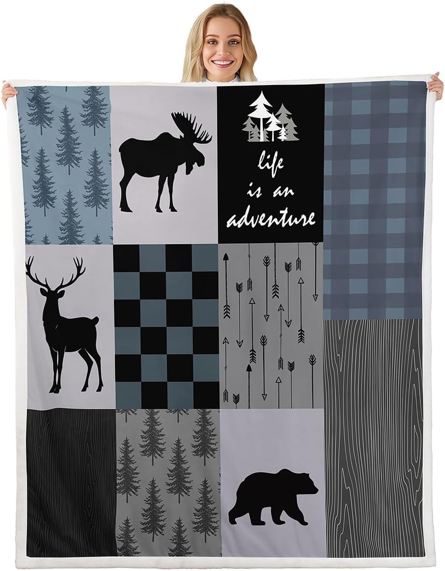 Rustic Cabin Bear Moose Sherpa Blanket Bear Moose Farmhouse Plush Blanket Farm Forest Fleece Throw Blanket for Kids Wildlife Fuzzy Blanket Geometric Plaid Room Decor Twin 60"x80"