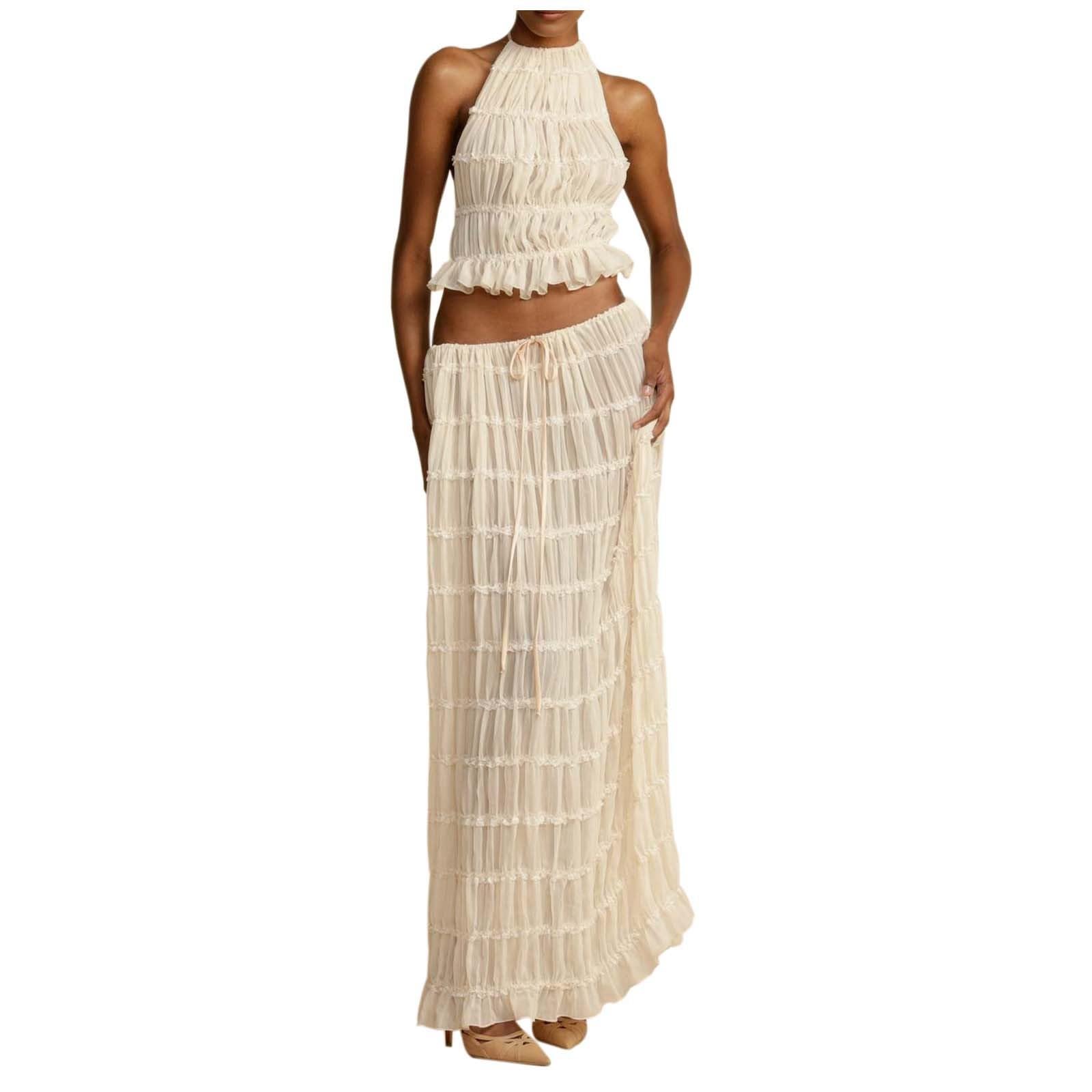 Crop Top avec jupe pour femme - 2 pièces - Jupe longue d'été et sans bretelles - Haut court sexy - Ensemble de clubwear - 2 pièces - Jupe et haut de fête Y2K - Tenue d'été