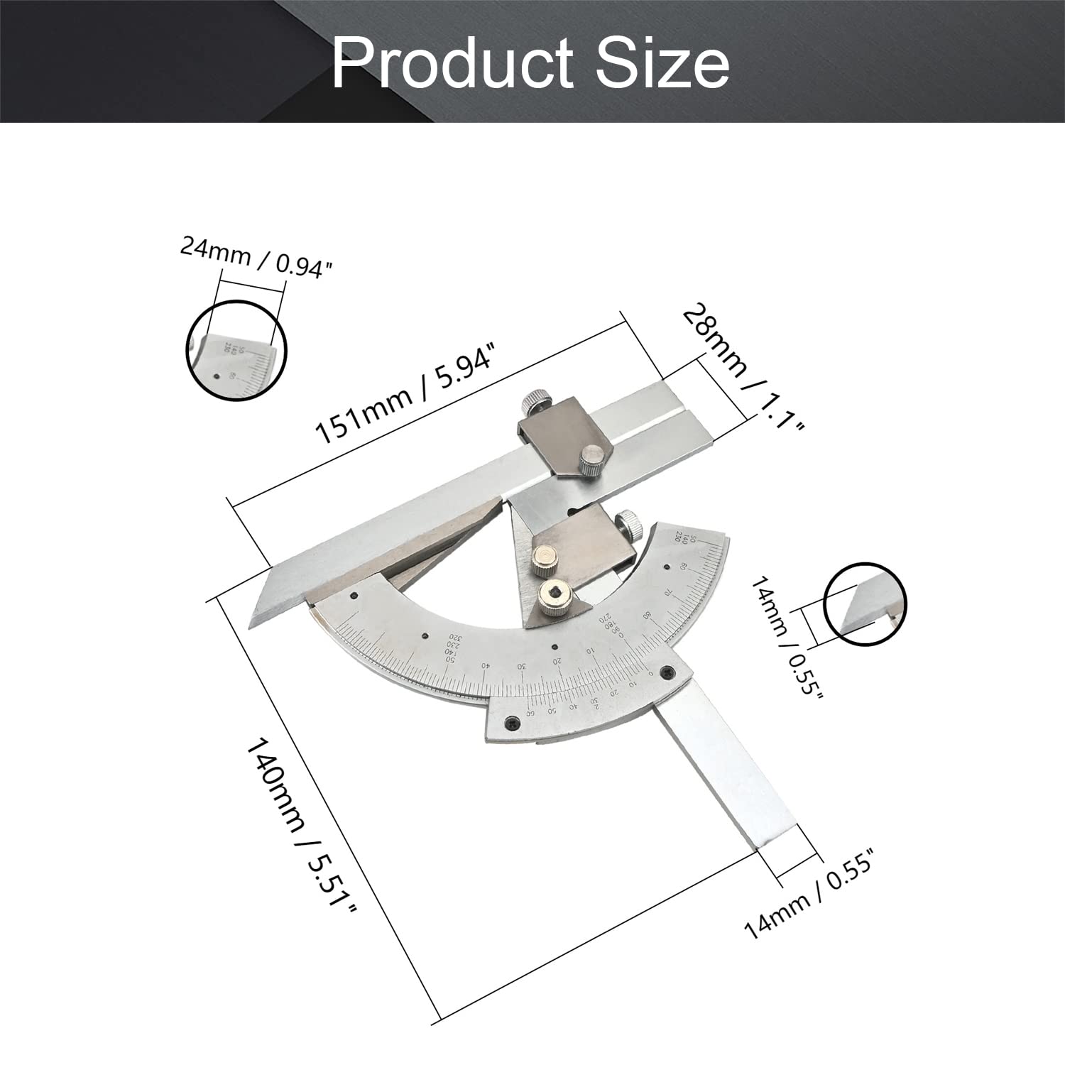 Heyiarbeit 0-320¡ãUniversal Stainless Steel Vernier Bevel Protractor, for Woodworking, Carpenter, Construction, DIY Precision Angle Measuring Finder Ruler Tool 1 Pcs