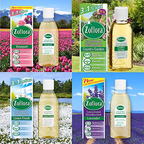 Zoflora 6 X120ml Floral Assortment * Concentrated Antibacterial Disinfectant 2 x Linen Fresh 2 x Country Garden 1 x Bouquet 1 x Lavender Killing Bacteria Liquid