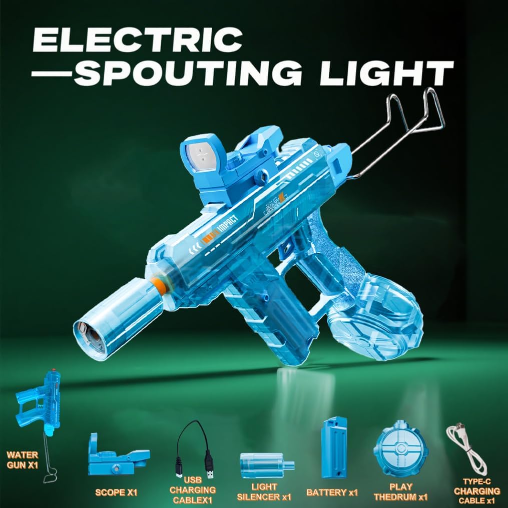 Adult & Kids Electric Water Guns. Fully Automatic Electric Water Gun with Rechargeable Battery. LED Flame Muzzle. Suitable for Outdoor Beach Games and Party Gifts in Summer. (Blue)