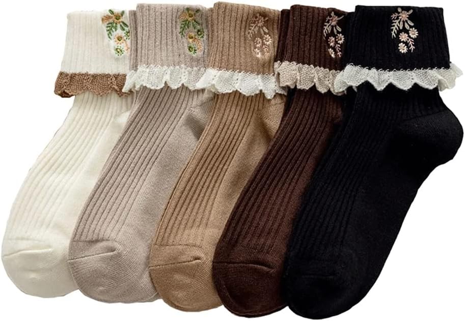 5 Pair Lace Edge Cute Women Socks Embroidery Flowers Ladies Winter Set