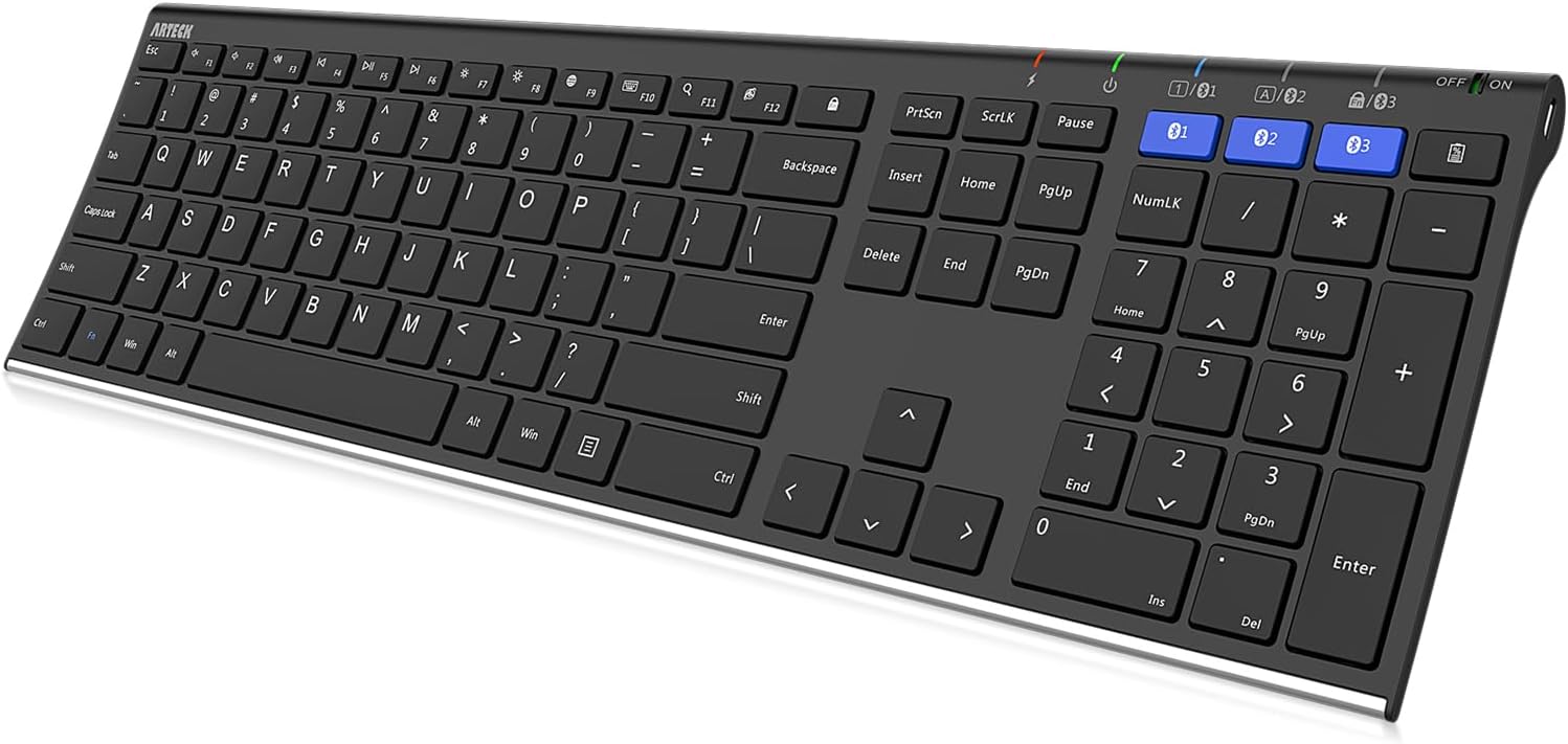 Universal Bluetooth Keyboard Multi-Device Stainless Steel Full Size Wireless Keyboard for Windows, iOS, Android, Computer Desktop Laptop Surface Tablet Smartphone Built in Rechargeable Battery