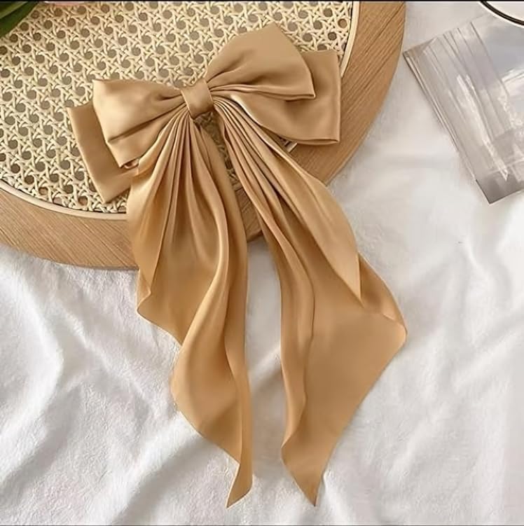 Image of FilterFashion Big Satin Layered Hair Bows for Women Girls 11.5 Inch Barrette Hair Clip Long Back Ribbon Bows French Style Hair Accessories (Black,Gold)
