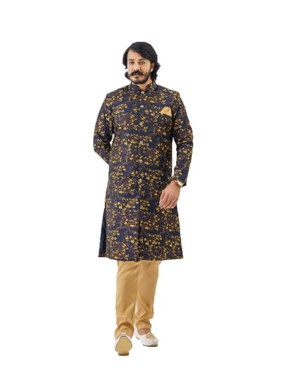 N.B.F Fashion Men's Yellow Cotton Silk Blend Sherwani Set