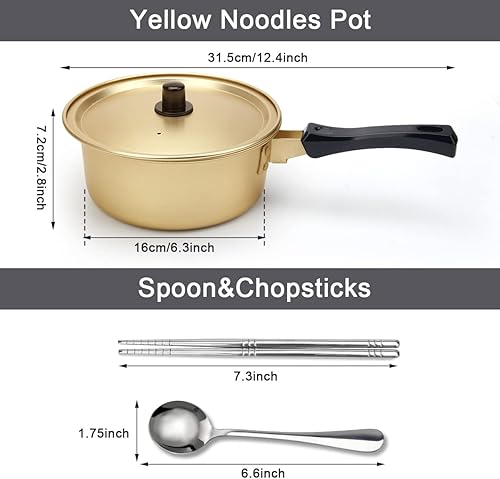 Miniatura 3 de AHIER Olla de ramen coreano con tapa, cuchara y palillos (1 par), olla de fideos Ramyun coreanos con mango único a prueba de calor, calentamiento