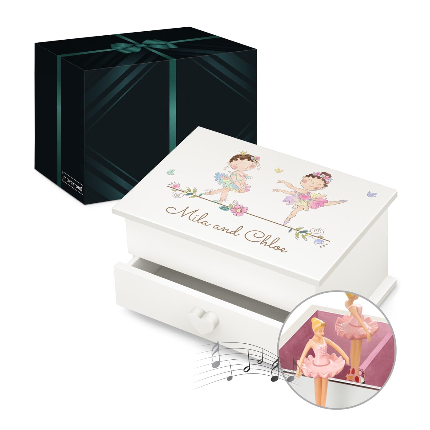 Maverton Girls Dancer Personalised Ballerina Box For Little Princess - Treasure Box With Drawer For - Wooden Jewellery Box With Overprint - Customised White Organiser For Birthday For Her