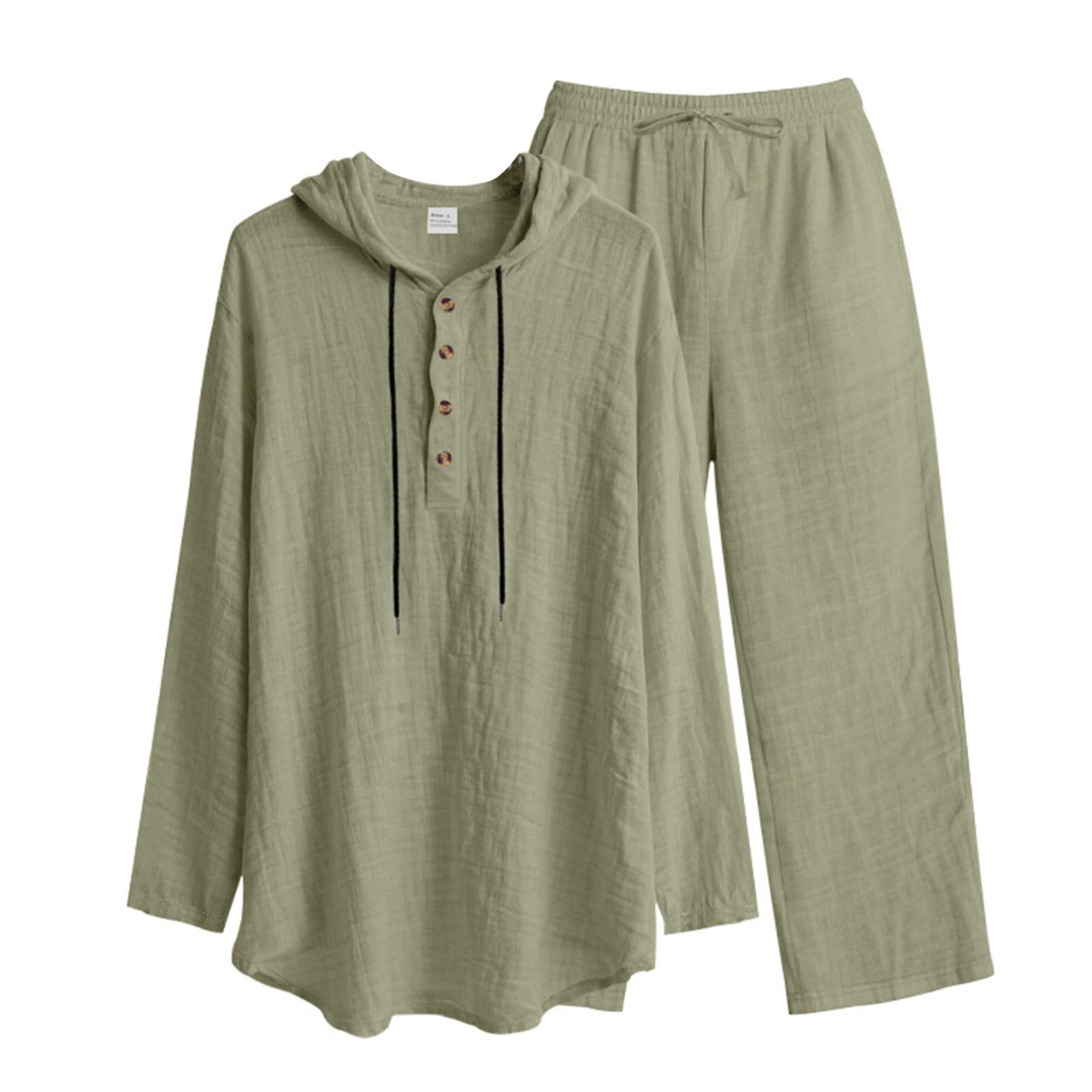 Ensemble 2 Pièces Haut Et Pantalon Amples À Capuche For Hommes, Tenue De Costume En Lin Décontractée Avec Cordon De Serrage, Tenue Quotidienne