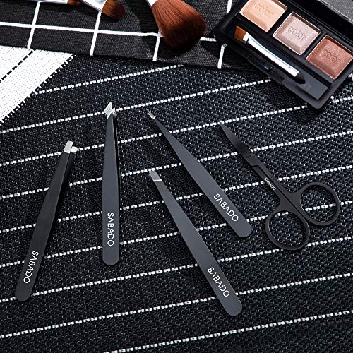 Tweezers Set 5-Piece - Professional Stainless Steel Tweezers With Curved Scissors, Best Precision Tweezer For Eyebrows, Splinter & Ingrown Hair Removal With Leather Travel Case (Black) #TOP3