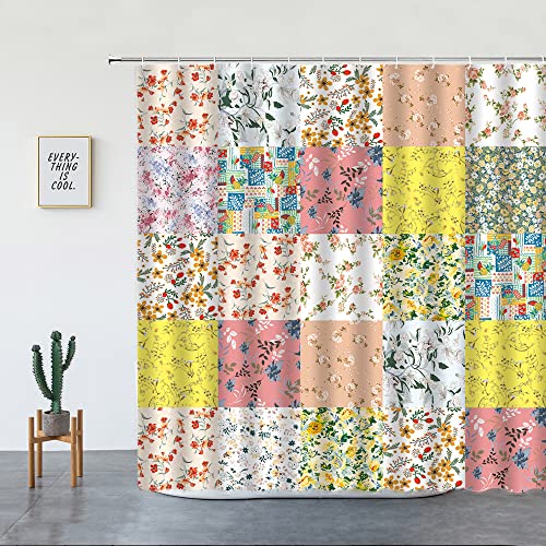 Vintage Patchwork Floral Shower Curtain Patch Boho Flowers Country Herbs Wildflowers Rustic Blooming Flower Splicing Design Bathroom Curtains Set Polyester Bath Fabric Included Hooks #TOP3