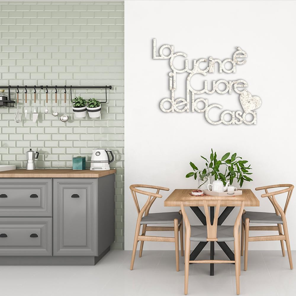 Declea Home Decor, Scritta frase in legno da appendere La cucina è il cuore della casa, Decorazione Murale da appendere alla parete ideale per la per cucina, Shabby, 60X45 cm