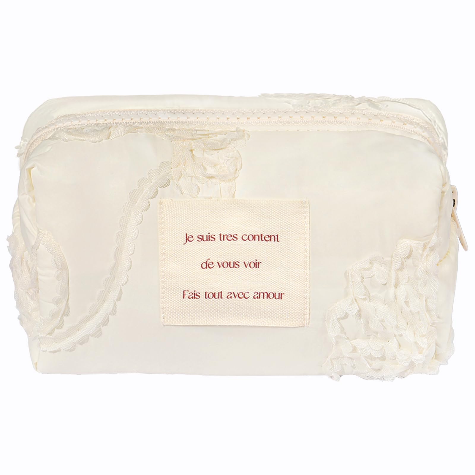 Sminra White Makeup Bag Small Nylon Cotton Quilted Cosmetic Makeup Bag Organizer, Aesthetic Floral Waterproof Portable Pouch Purse Toiletry Bag for