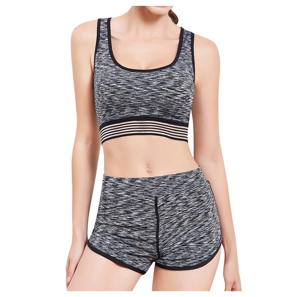 Fineday Women Solid Mesh Patchwork Stretchy Yoga Running Workout Sport Two-Piece Outfit, Women Suits Sets