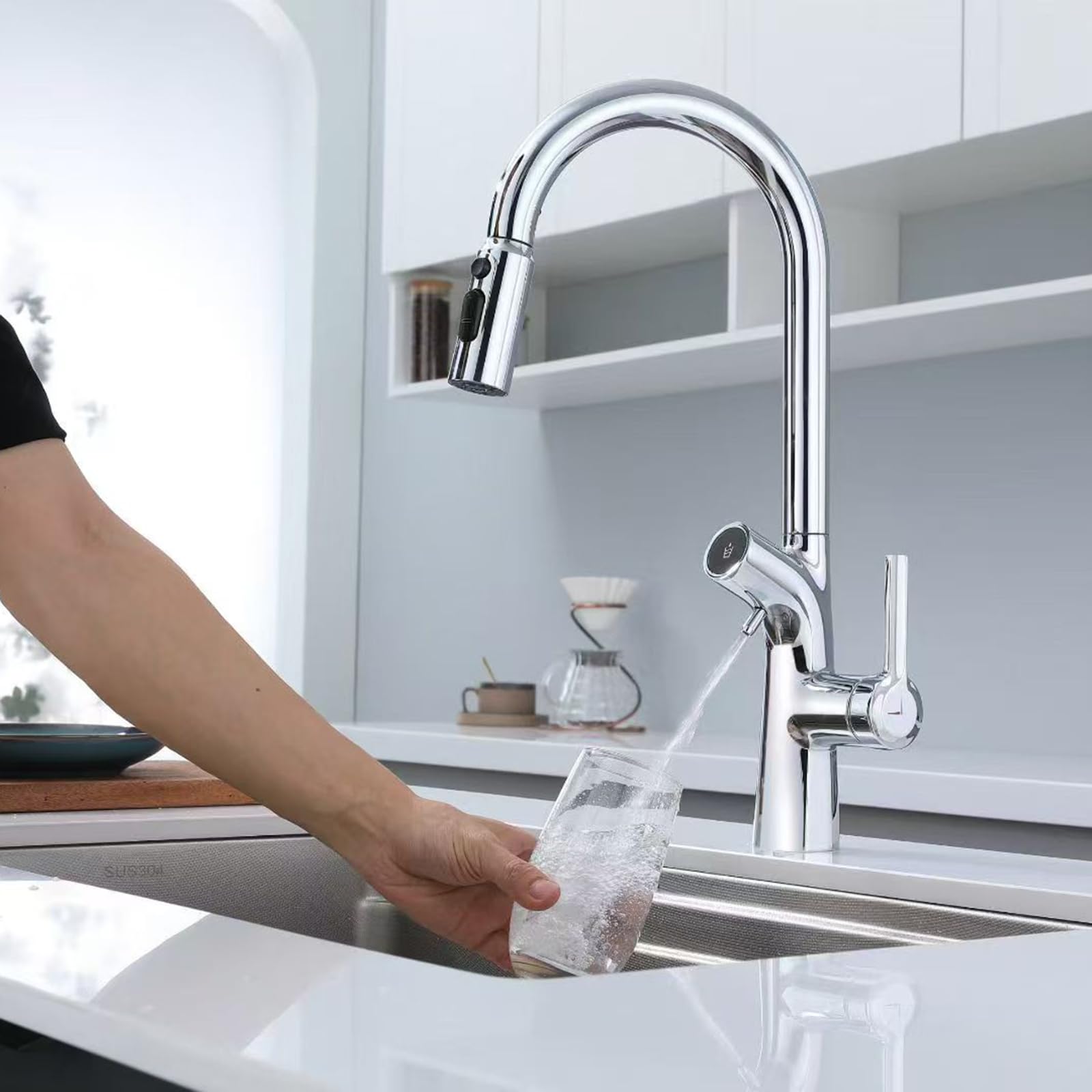 3 Way Kitchen Tap with Pull Out Spray Taps in 1 Swivel Hot and Cold Water Pure Brass-Chrome Plated