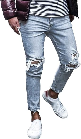 Maiyifu-GJ Ripped Skinny Jeans for Men Distressed Destroyed Denim Pencil Pants Slim Fit Stretch Jean with Broken Holes