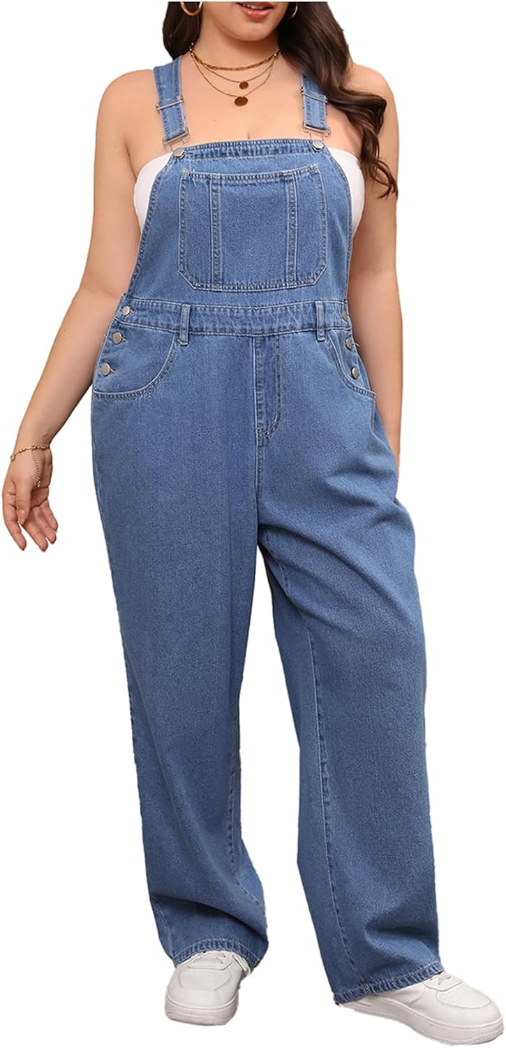 WDIRARA Women's Plus Size Denim Overall Straight Leg Jean Jumpsuit with Pockets